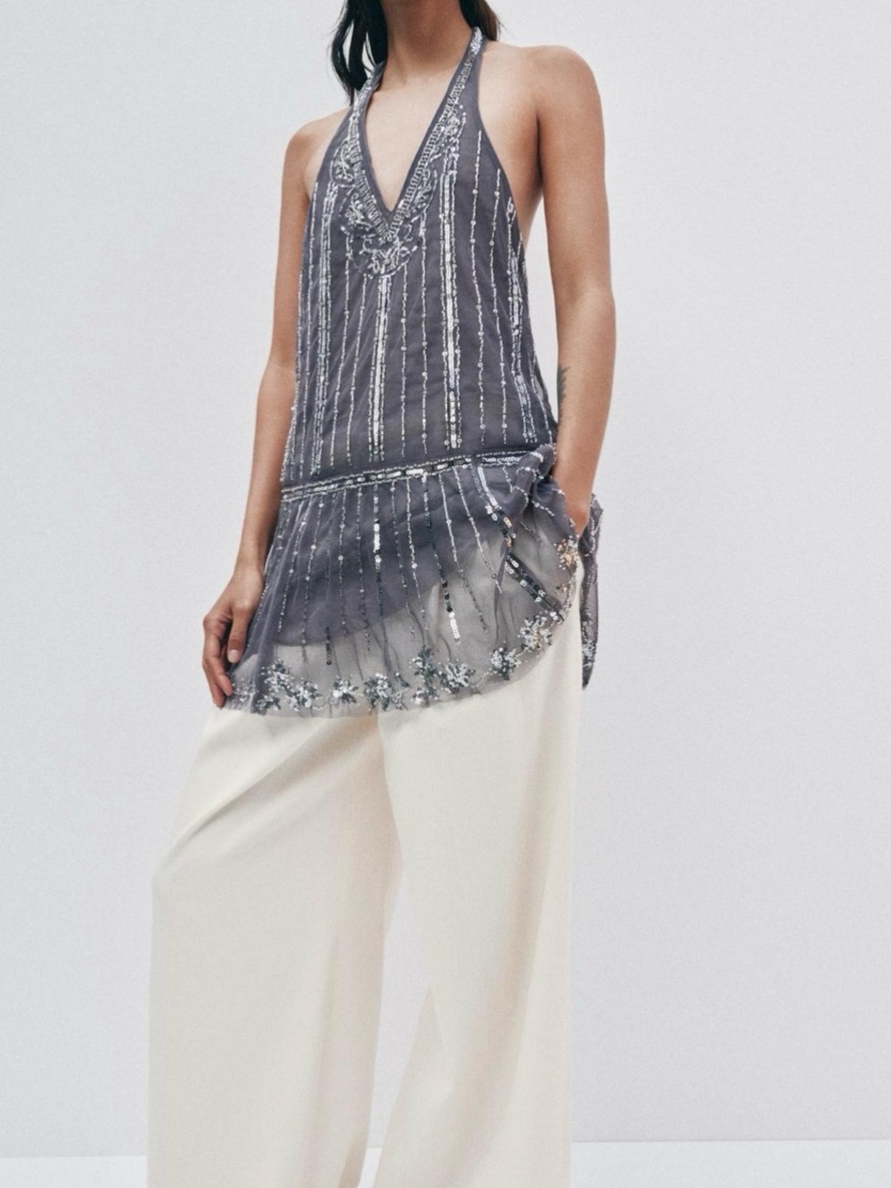Zara Gray Embellished Halter Tunic